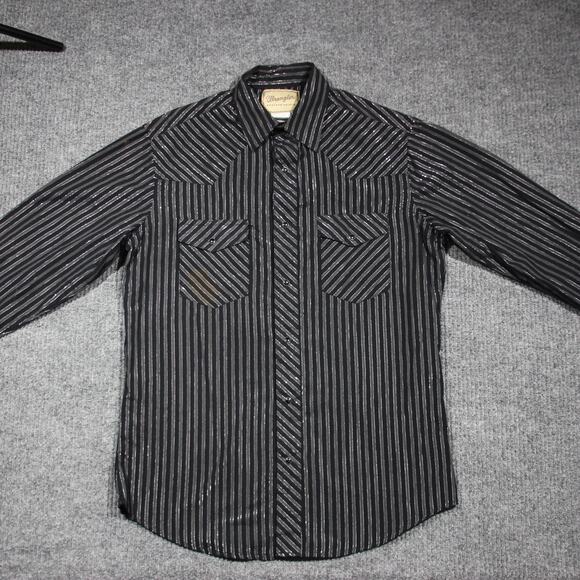 Wrangler Western Button Down Shirt Men M Black Striped Silver Threads Pearl Snap - Picture 2 of 8